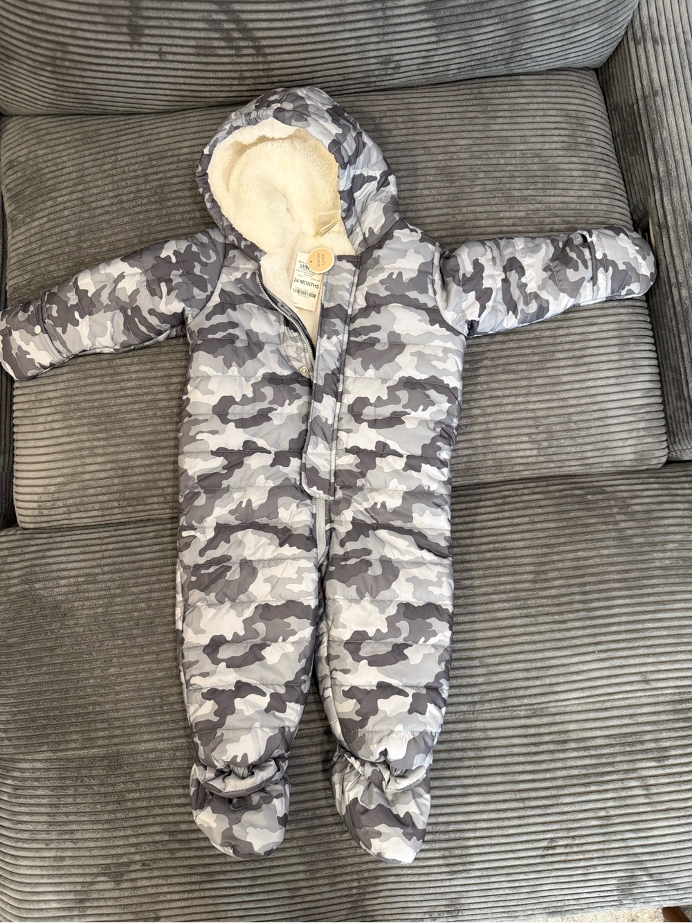 First Impressions Grey Camo Hooded Baby One-Piece Snowsuit
